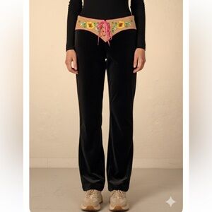 Vintage CJ Laing Sunning Corset Velvet Feel Floral Embroidery Pants-Front/ Back
